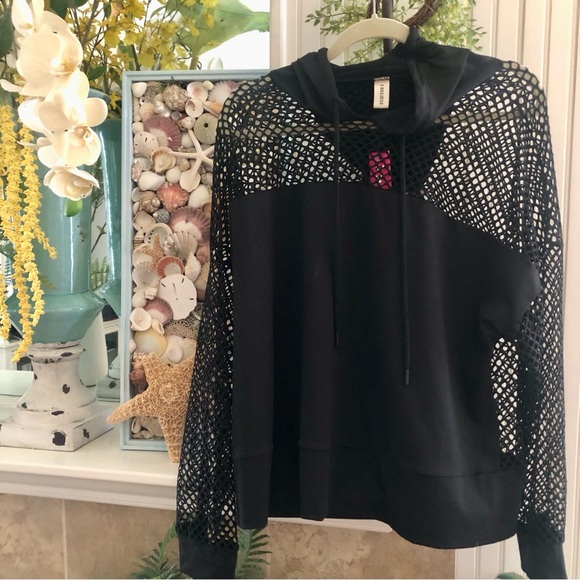 NWT! Black Fishnet Style Pullover Hoodie Beach Bathing Suit Top Plus 3X - Picture 1 of 8